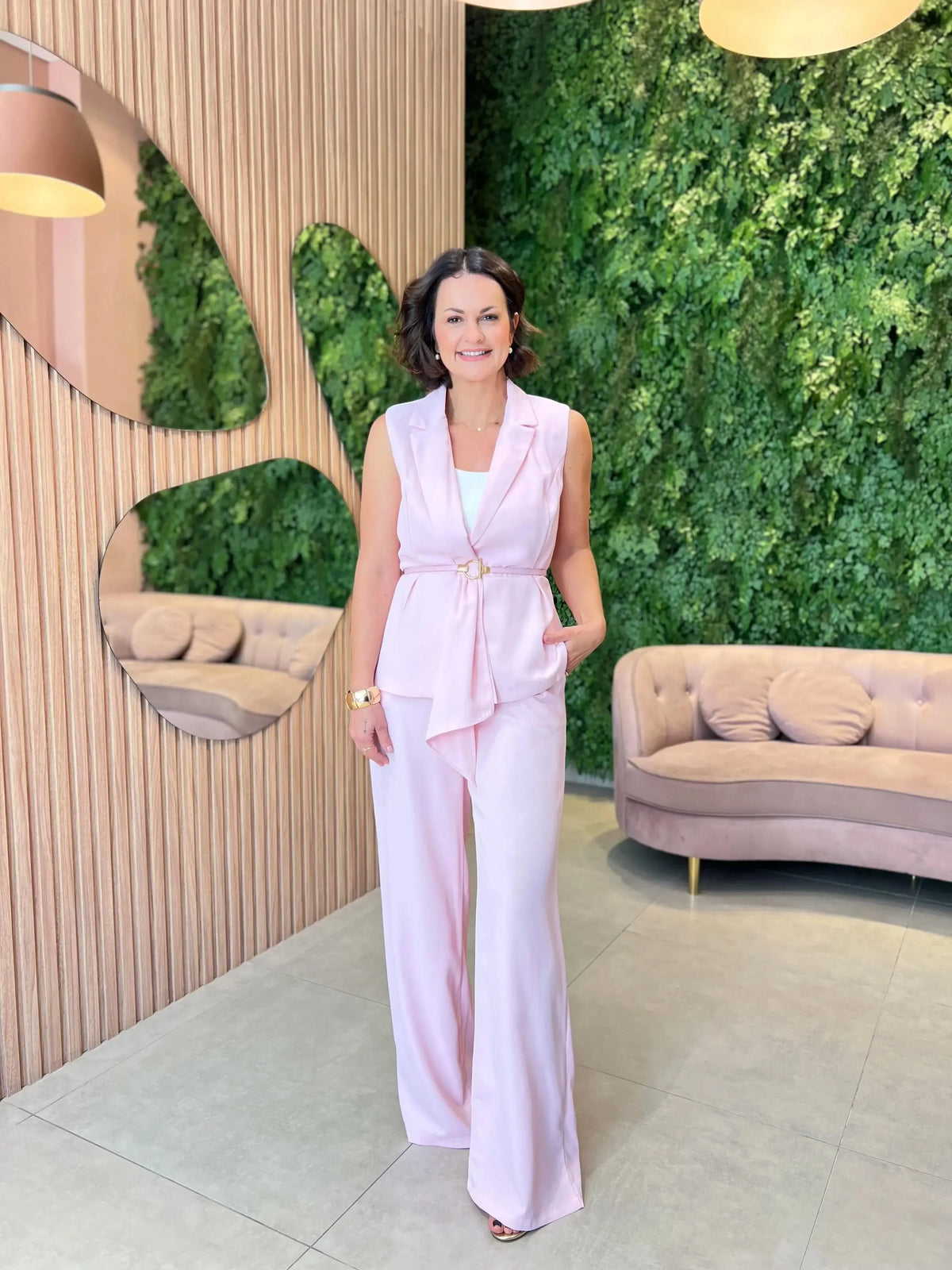 Conjunto Calça + Colete com Cinto, Rosa Bebê