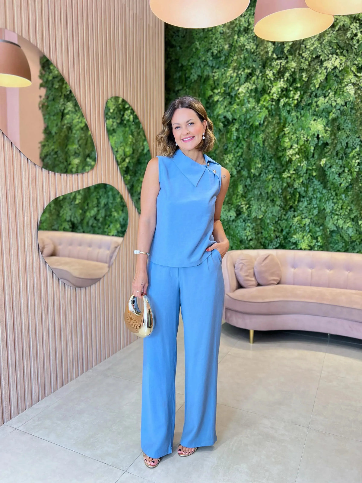 Conjunto Calça Pantalona + Blusa Sem manga, Azul