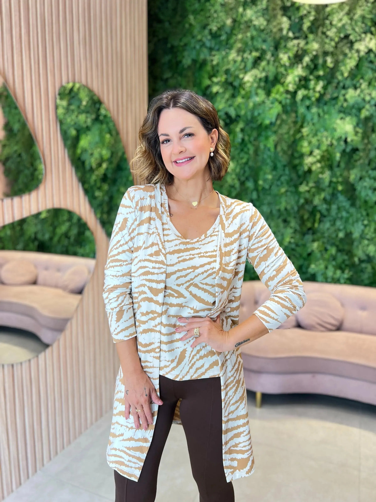 Conjunto Cardigan + Regata Zebra , Bege