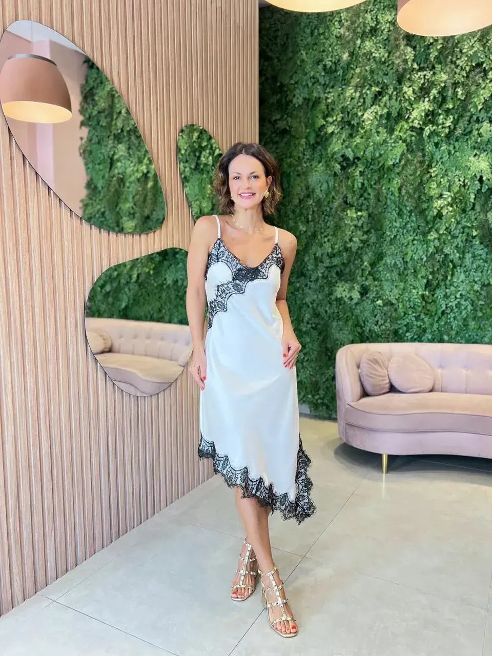 Slip Dress, Champanhe com Detalhe Preto