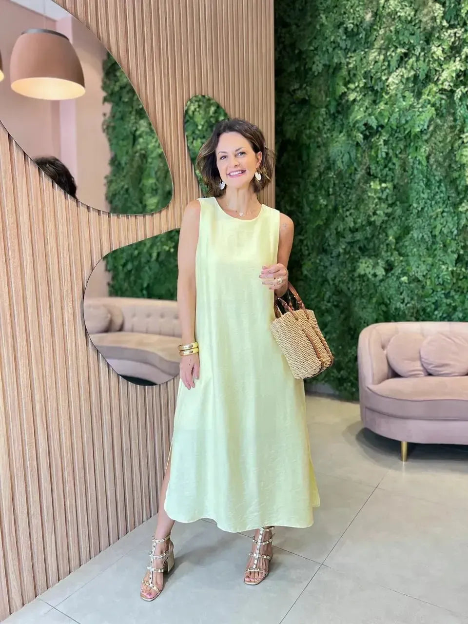 Vestido Midi Regata com Bolso, Amarelo